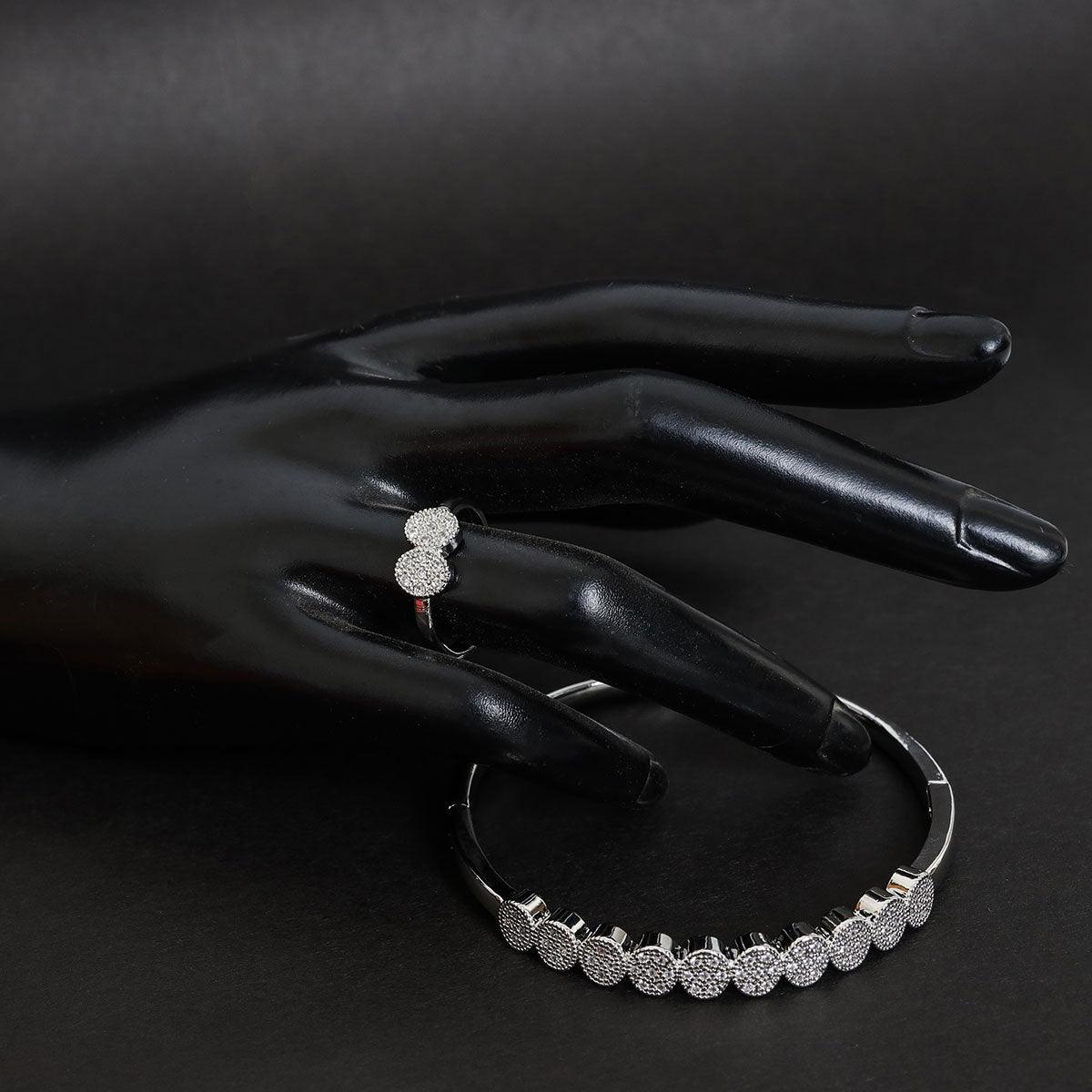 Cubic circle Silver Bangle with Ring